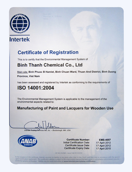 ISO 14001 : 2004 - Sơn Gỗ BT CHEM - Công Ty TNHH SX TM Hóa Keo Bình Thạnh